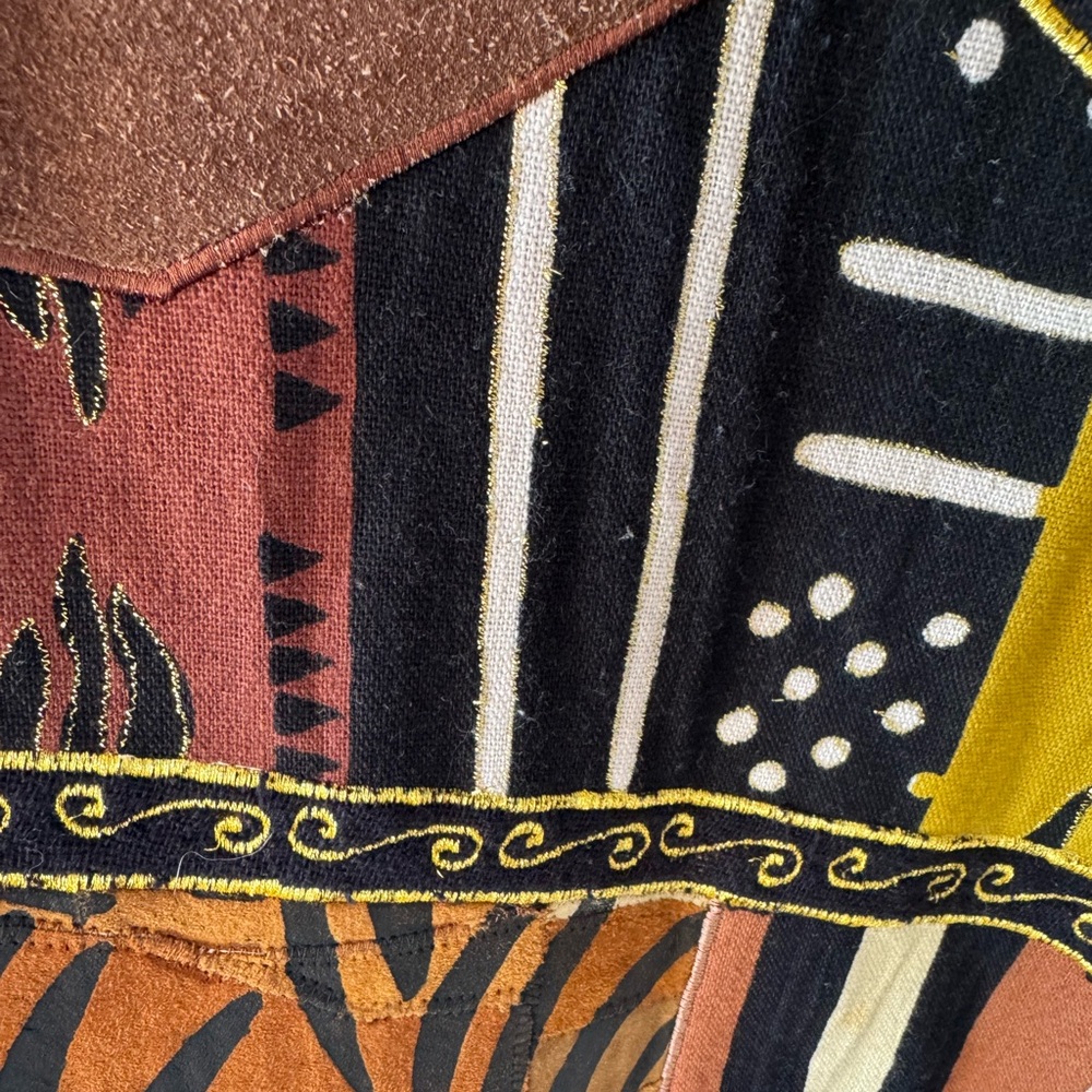 Vtg 90s Molato Jacket XL Denim Long Duster Abstract African Tribal Art Cowrie 2X - Picture 8 of 11